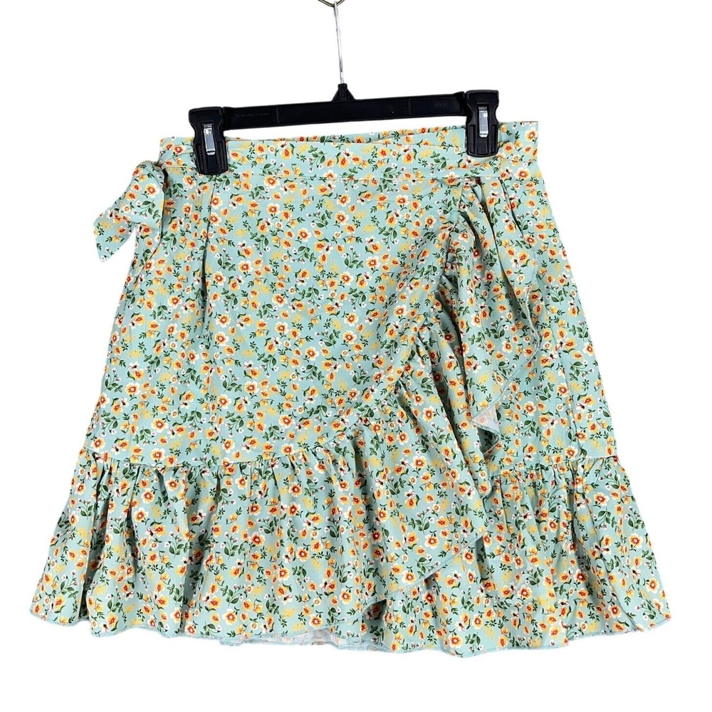 VIGOSS Women Floral Print Ruffle Wrap Mini Skirt Aqua Yellow Orange XL